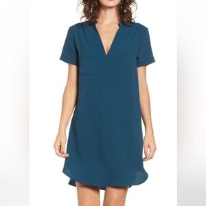 Short Sleeve Crepe Shift Dress in Teal
